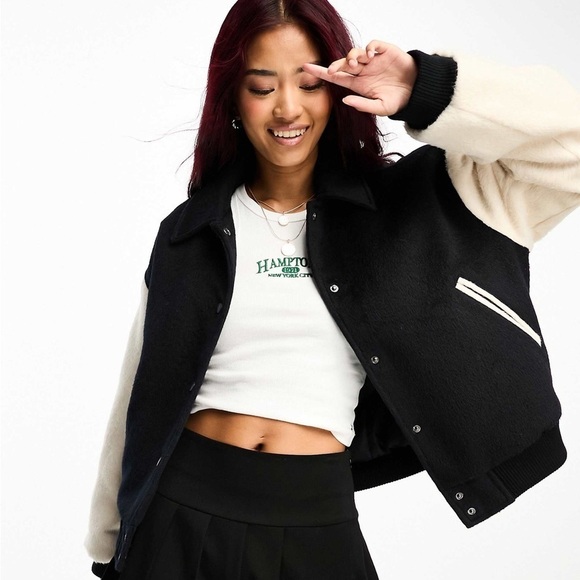 ASOS Brushed Varsity Bomber Jacket With Collar - Picture 1 of 4